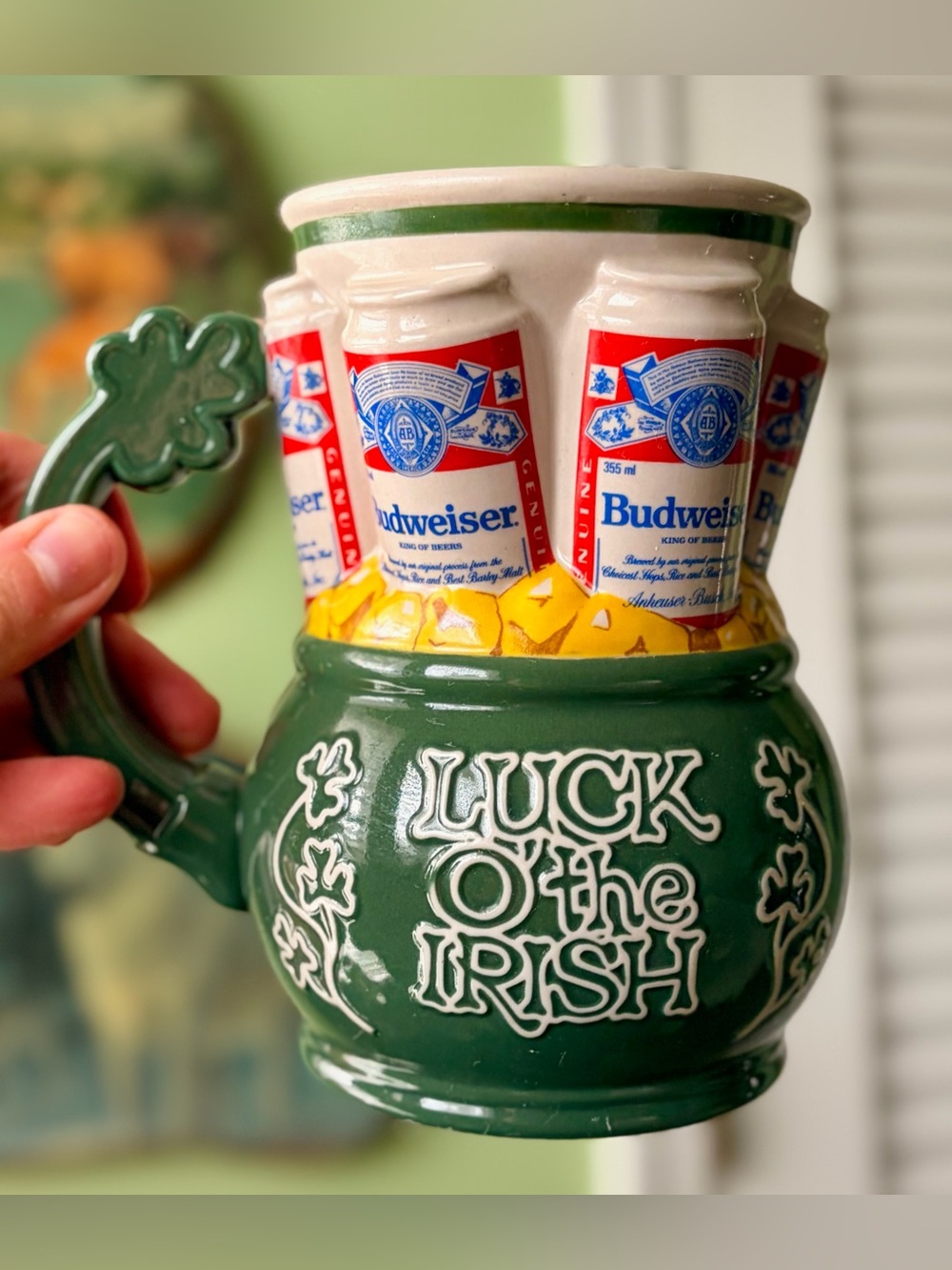 Budweiser Green Ceramic "Luck O' The Irish" Beerstein Mug with Shamrock Handle